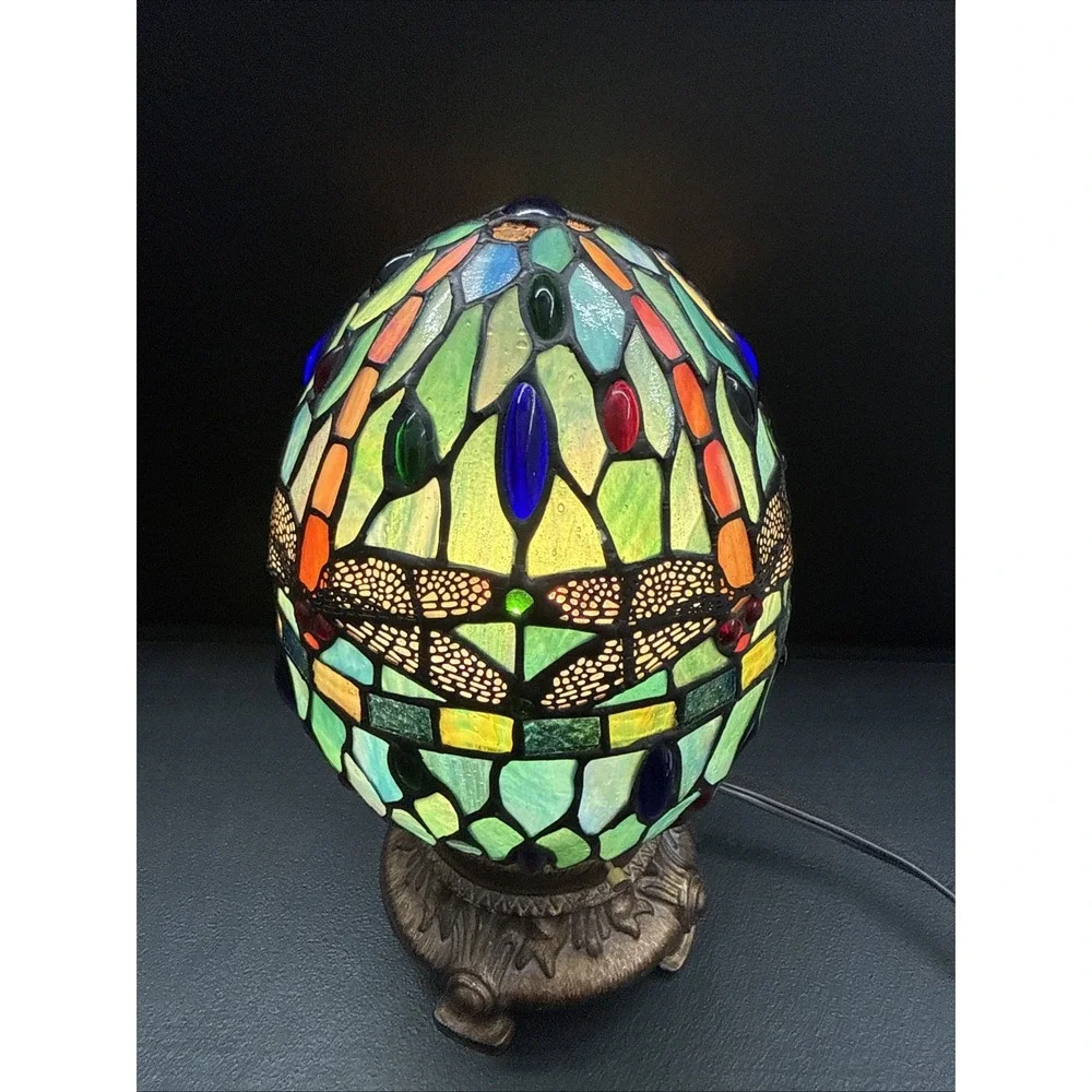 Dale Tiffany Dragonfly Motif Egg Shaped Stained Glass Accent Lamp